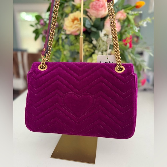 GUCCI GG Velvet Matelasse Loved Embroidered Medium Bag ~ Fuchsia Violet Cyclamen - Picture 5 of 16